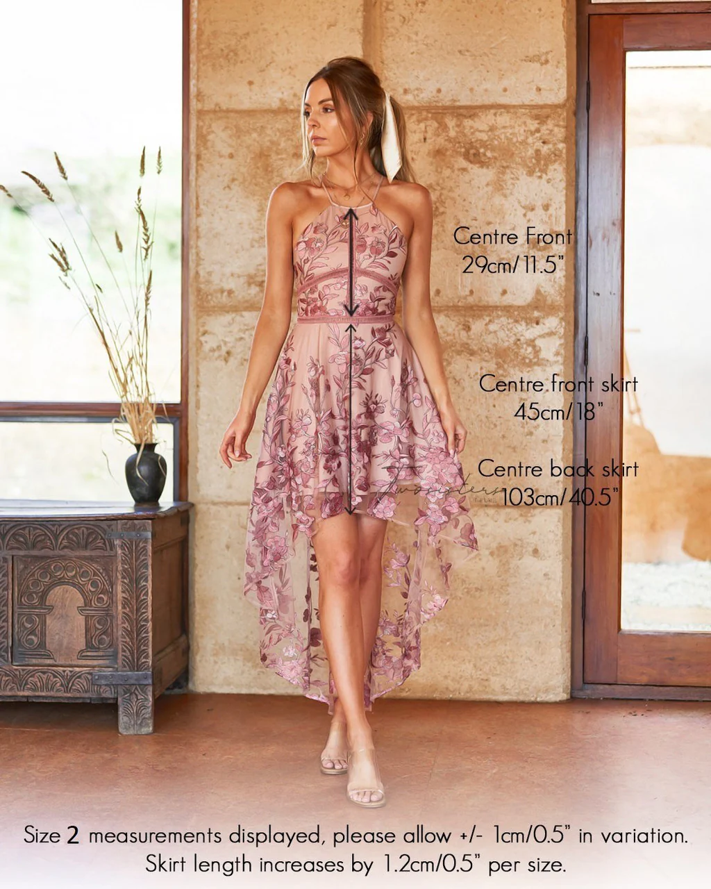 Jennifer Dress - Embroidered Floral High-Low Hemline - Image 7
