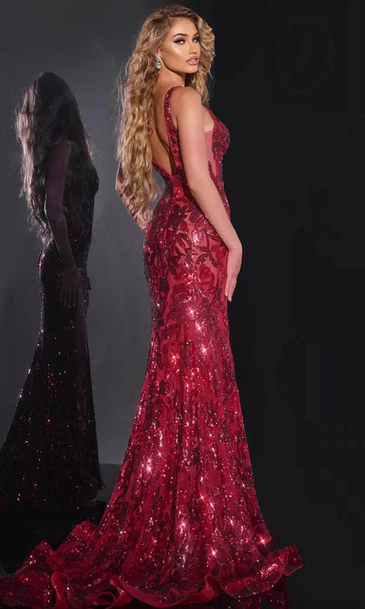 40757 - Jovani - Burgundy Floral Sequin Gown - Image 3