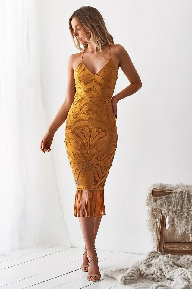 Khaleesi Dress - Mustard - Lace Dress With Fringe - Image 4