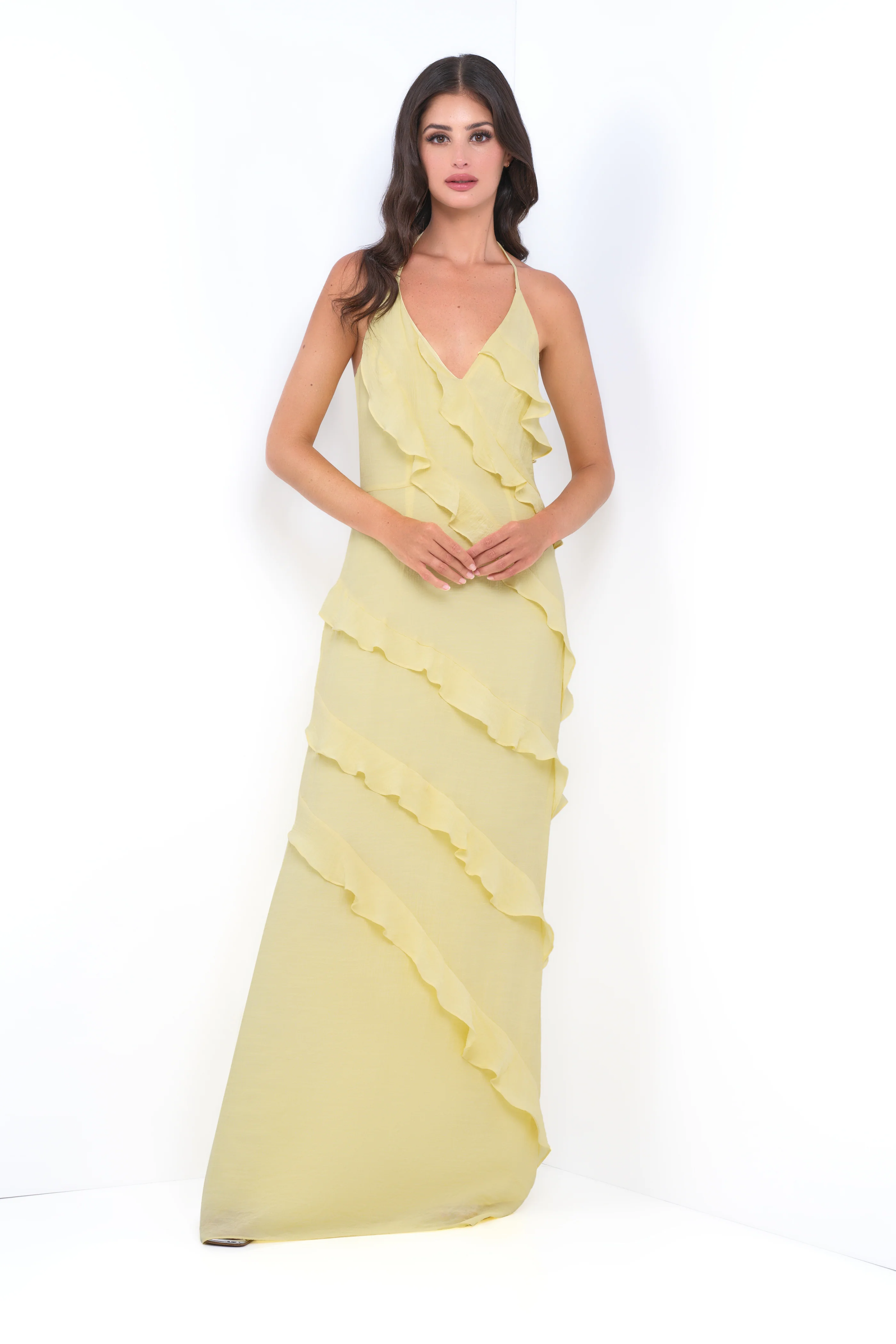 Remi Yellow Maxi Dress - Halter Neck, Open Back & Ruffle Detail - Image 3