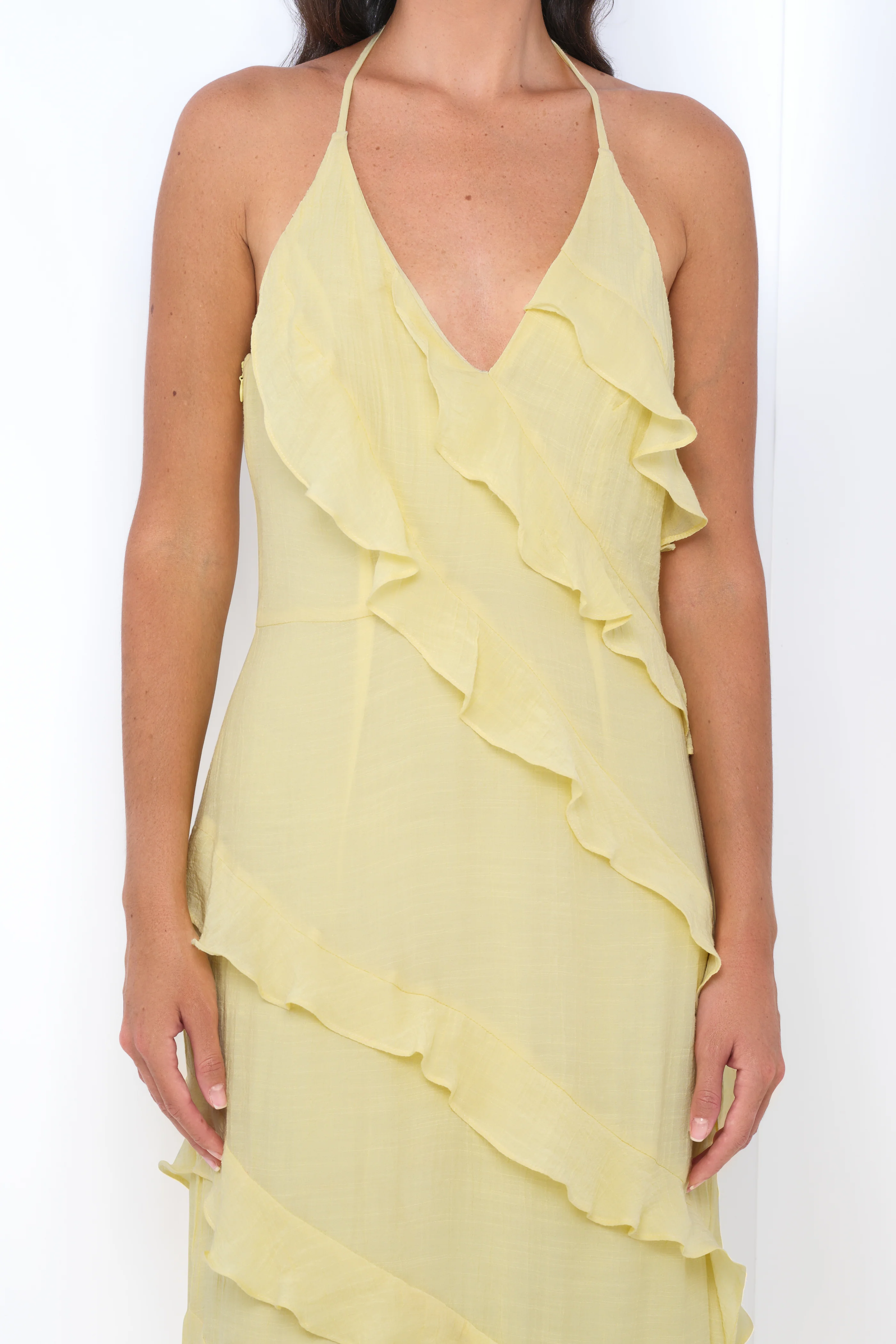Remi Yellow Maxi Dress - Halter Neck, Open Back & Ruffle Detail - Image 5