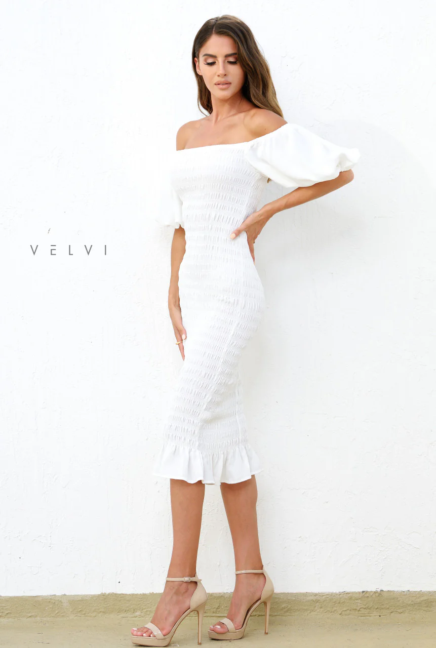 Skyla Shirred Midi Dress - WHITE - Image 10