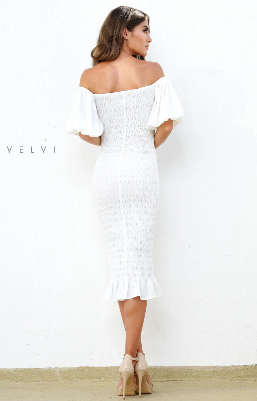 Skyla Shirred Midi Dress - WHITE - Image 12