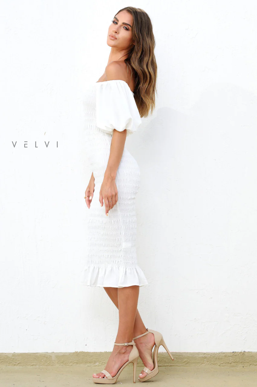 Skyla Shirred Midi Dress - WHITE - Image 6